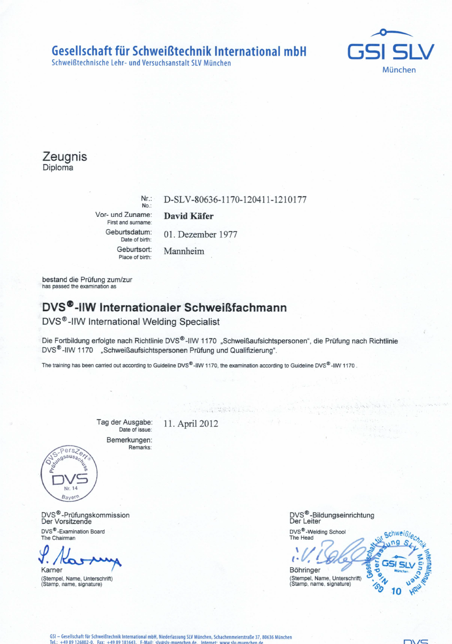 Zertifikat Internationaler Schweißfachmann
